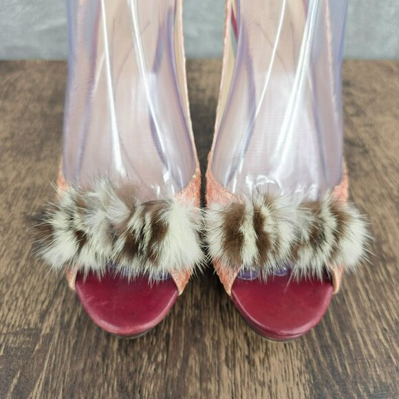 Kate Spade New York Slingback Peep Toe Heels 8.5 B Pink Red Leather Fur Scaled - Picture 13 of 16